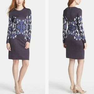 TORY BURCH Flavia Long Sleeve Graphic Crew Neck Silk Shift Dress Size Medium